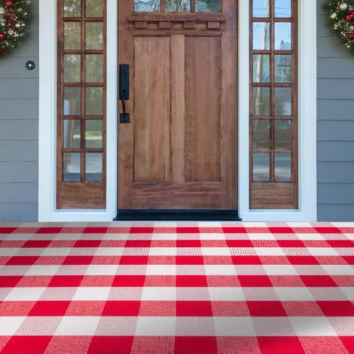 Miniatura 10 de Alfombra de cuadros rojos y blancos de Navidad de 27.5 x 43 pulgadas, tejida a mano para interiores y exteriores, mezcla de algodón a cuadros