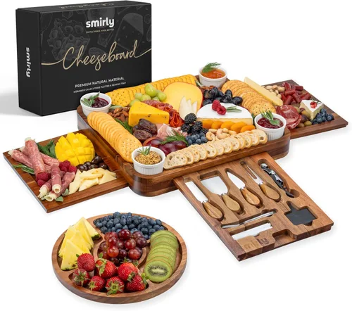 SMIRLY Juego de tablas de charcutería, juego de tablas de queso de acacia grande, regalos de inauguración de la casa, regalo de boda para parejas,