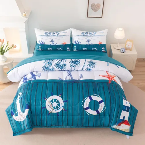Miniatura 12 de Suncloris Juego de edredón coral océano para niños y adultos, edredón tamaño Queen con temática de hipocampo tropical rojo con 2 fundas de almohada