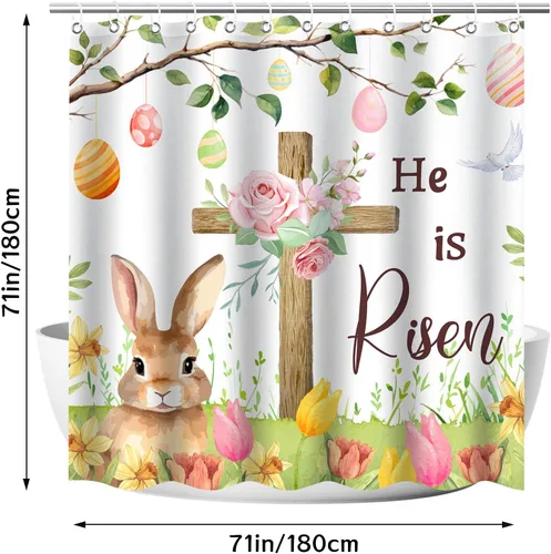 Miniatura 2 de Cortina de ducha de Pascua para baño, cortina de ducha de Pascua con conejo cruzado, 71 x 71 pulgadas, cortina de ducha de resorte de conejo de tela