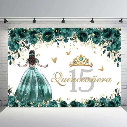 Miniatura 2 de MEHOFOND Telón de fondo de quinceañera Sweet 15 Girl Miss Quince Banner de rosas verdes y doradas, corona de niña en vestido de princesa, fiesta