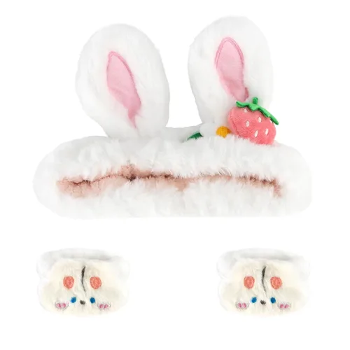 Miniatura 11 de CAVETEE Diadema, juego de 3 piezas de diadema y pulsera de oso de peluche rosa esponjoso para maquillaje para mujeres, juego de diadema y pulsera