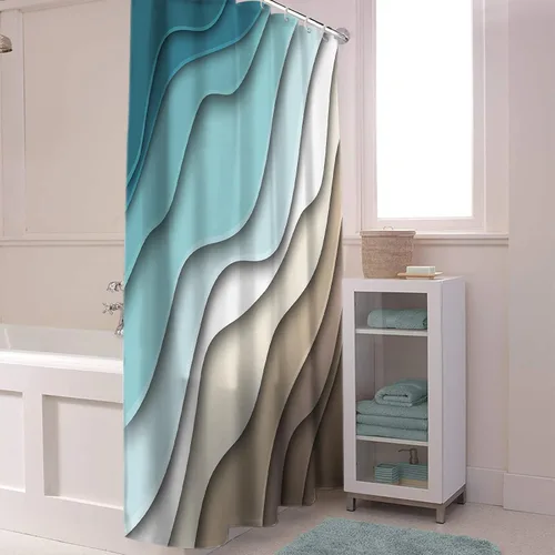 Miniatura 4 de BestLives Cortinas de ducha verde azulado azul moderno geométrico cortina de baño marrón abstracto ola océano impermeable tela de poliéster cortina