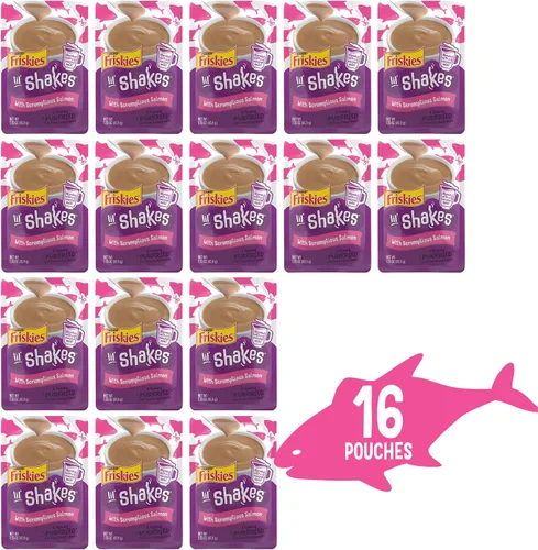 Miniatura 2 de Purina Friskies Complemento de Comida para Gatos en Puré, Lil' Shakes con Delicioso Salmón, Premios Lamibles para Gatos - (Paquete de 16) Bolsitas
