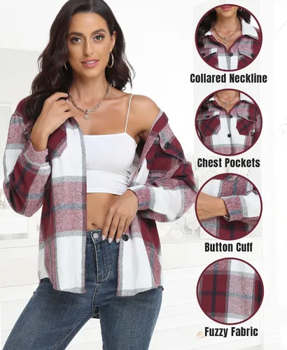 Miniatura 4 de Chaqueta a cuadros para mujer, casual, con botones, manga larga, ropa de moda para otoño