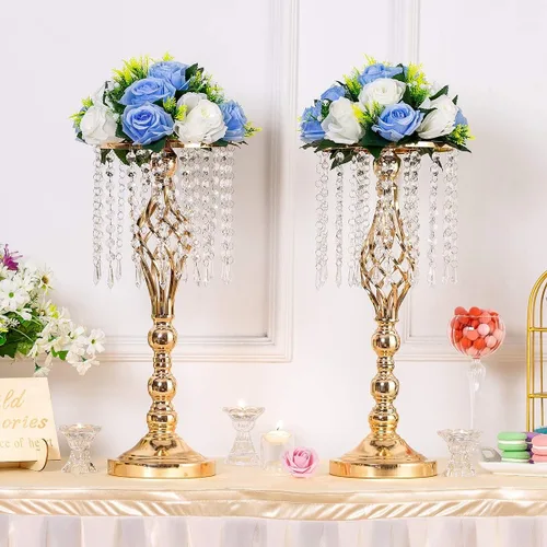 Miniatura 2 de Sziqiqi - Centro de mesa elevado floral dorado para mesa de boda de 21.7 pulgadas de altura con centros de mesa de flores de cristal y cuentas