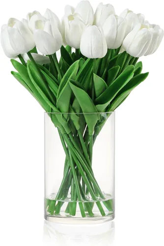 Miniatura 8 de 20 piezas de tulipanes de tacto real en jarrón, arreglos de tulipanes falsos con jarrón y agua falsa para decoración del hogar, mesa de comedor Rosa