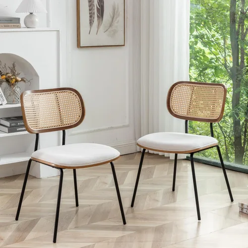 Juego de 2 sillas de comedor de ratán, sillas de comedor modernas de mediados de siglo con respaldo de caña para cocina y comedor, tela de 19 beige
