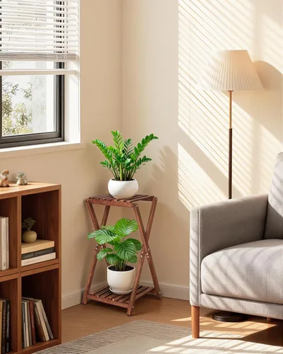 Miniatura 7 de Soporte para plantas de interior, soportes de madera de 2 niveles para plantas, estante cuadrado de esquina, soporte rústico para flores, soporte