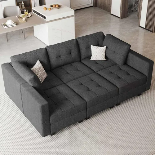 Miniatura 15 de Belffin Sofá cama modular de almacenamiento, sofá seccional con tumbonas anchas, sofá seccional convertible, sofá cama modular, cama gris claro
