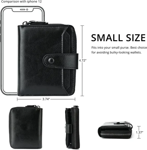 Miniatura 5 de Billetera pequeña para mujer con bloqueo RFID, cierre de cuero, bolsillo para monedas, tarjetero, con ventana de identificación, Negro