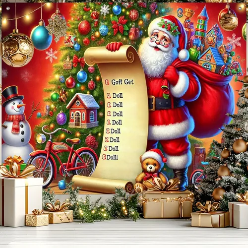 HOMETITUTE Pancarta de Navidad de Papá Noel 8 x 6 pies Lista de Regalos Telón de Fondo Fiesta Navideña Fondo Árbol Muñeco de Nieve Bicicleta