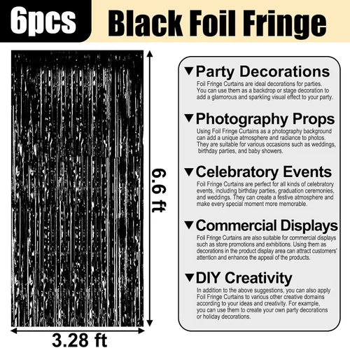Miniatura 2 de Paquete de 6 cortinas de flecos de papel de aluminio negro, 3.28 pies x 6.6 pies, cortinas metálicas de oropel con flecos para cabina de fotos