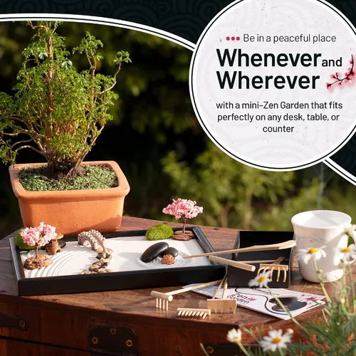 Miniatura 5 de Kit de jardín zen para escritorio, bandeja de arena de 12 x 8 pulgadas, juego de regalo japonés, 14 accesorios y 6 herramientas, mini jardín zen