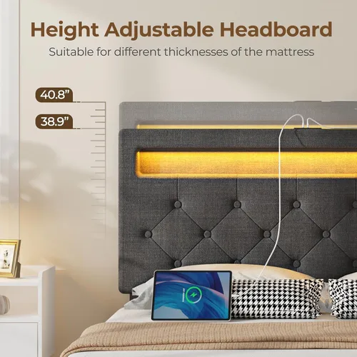 Miniatura 6 de Rolanstar Base de cama individual con estación de carga, cama LED con almacenamiento debajo de la cama, cabecera ajustable de 38.9/40.8 pulgadas,