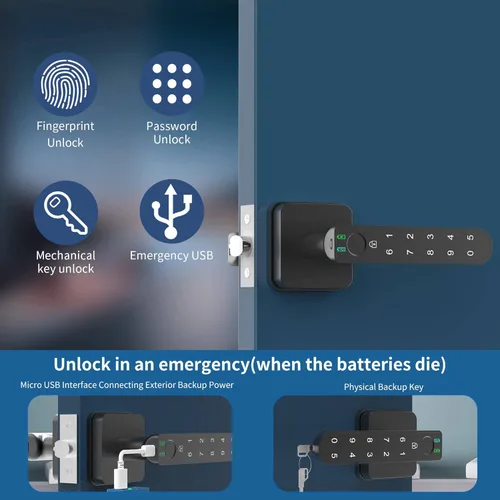 Miniatura 2 de Foxgard - Cerradura inteligente de huellas dactilares, cerradura biométrica, perilla de puerta electrónica con teclado, perilla de puerta Negro