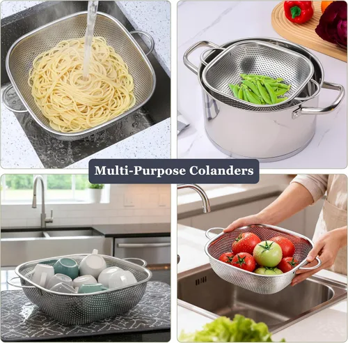 Miniatura 4 de E-far Paquete de 3 coladores para cocina, colador cuadrado de metal de acero inoxidable con asa para drenar alimentos, pasta, verduras