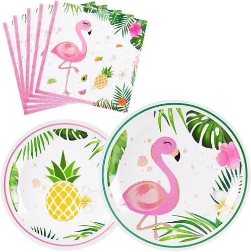WERNNSAI Decoraciones de fiesta de flamencos, 48 platos hawaianos y servilletas con temática de flamencos de verano, platos y servilletas tropicales