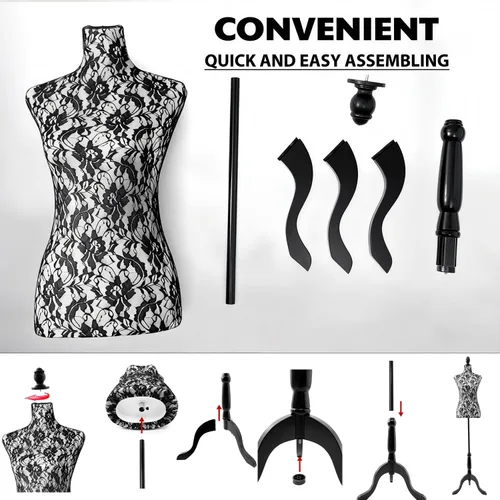 Miniatura 6 de Torso de maniquí hembra ajustable con base de trípode para exhibición (negro)