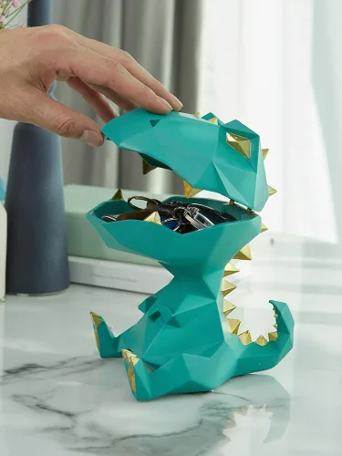 Miniatura 2 de HAUCOZE Estatua de dinosaurio plato para caramelos, cuenco para llaves, regalos de dinosaurio, escultura moderna, accesorios de decoración del Verde