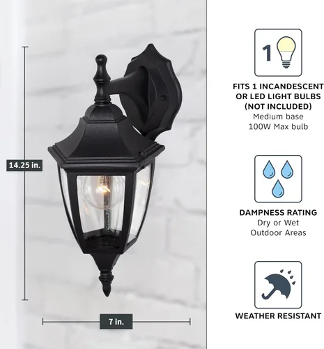 Miniatura 4 de Designers Fountain Waterbury Luminaria Exterior, Farol de Pared Exterior de 14.25 Pulgadas con Aplique para Puerta Principal, Patio y Porche, Negro