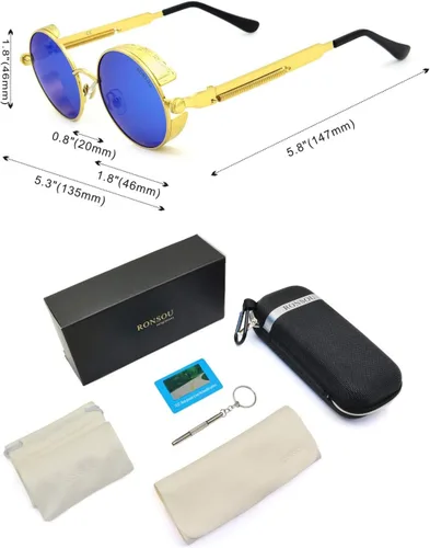 Miniatura 4 de RONSOU - Lentes de sol polarizados estilo steampunk redondas y vintage, con protección UV400, con marco