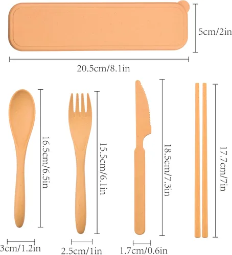 Miniatura 4 de Juego de utensilios reutilizables con estuche, 4 juegos de cubiertos de viaje de paja de trigo, cuchara portátil, cuchillo, tenedor, palillos, 4