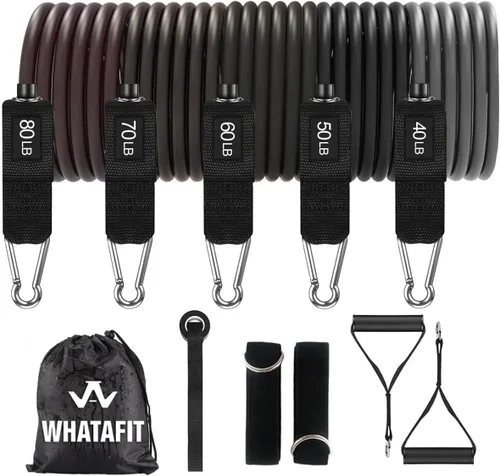 Miniatura 14 de WHATAFIT Bandas de resistencia, bandas de ejercicio, bandas de resistencia para entrenamiento, bandas de entrenamiento con asas para hombres y Multi