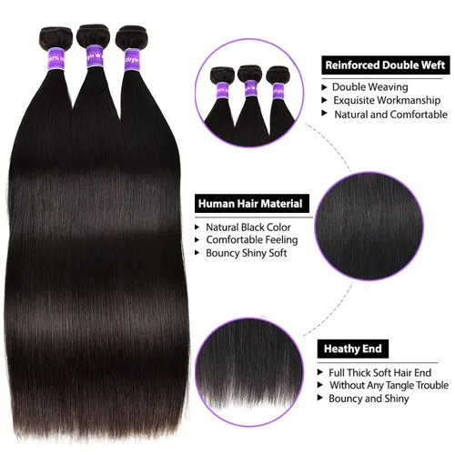 Miniatura 2 de 3 manojos de cabello humano brasileño lacio ondulado grado 10A, cabello virgen Remy sin procesar, 24, 26, 28 pulgadas, paquetes de cabello lacio
