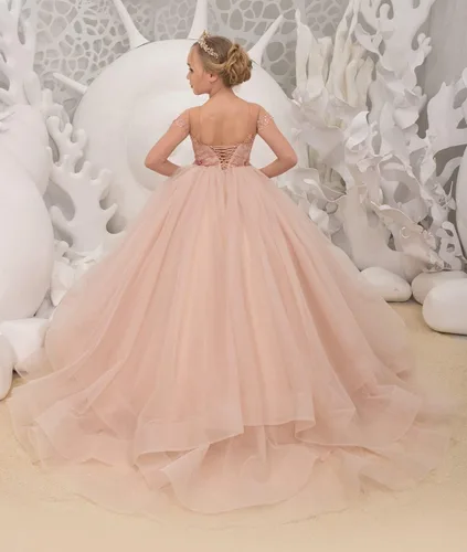 Miniatura 2 de Uzqast Lace Appliques Flower Girls Dresses Tulle Short Sleeves Princess Long Wedding Pageant Ball Gown Dress for Girls