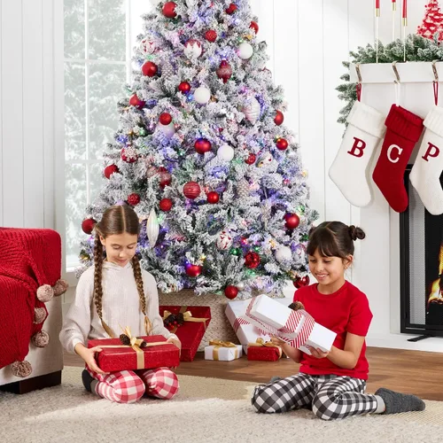 Miniatura 5 de Best Choice Products - Árbol de Navidad artificial preiluminado de pino flocado de 9 pies, 2-en-1, luces LED blancas y multicolor, apariencia Verde