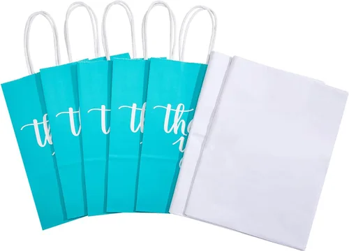 Miniatura 8 de DjinnGlory Paquete de 50 bolsas de papel pequeñas de color verde azulado con asas de 9 x 5.5 x 3.15 pulgadas y 50 bolsas de papel de seda blanco