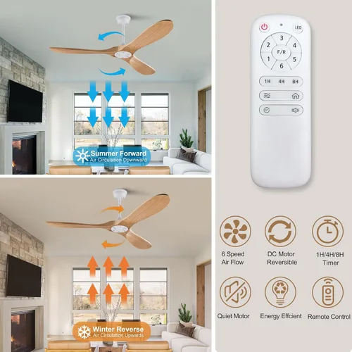 Miniatura 3 de Ventilador de techo de 42 pulgadas de madera sin luz, ventiladores modernos de 3 aspas con control remoto, motor DC reversible silencioso, Madera