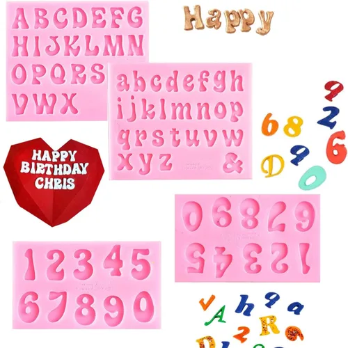 4 moldes de silicona para letras para chocolate, mini moldes de 26 letras y números 0-9, moldes comestibles para fondant del alfabeto sin BPA para