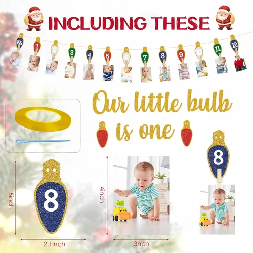 Miniatura 2 de Bombilla de Luz de Navidad Banner de Fotos de Primer Cumpleaños Bombilla de Luz de Navidad Banner de Fotos para Recién Nacido a 12 Meses Hito