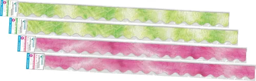 Barker Creek Borde festoneado de doble cara, 4 unidades, teñido anudado rosa y lima, decora en abundancia con 156 pies de borde festoneado, diseños