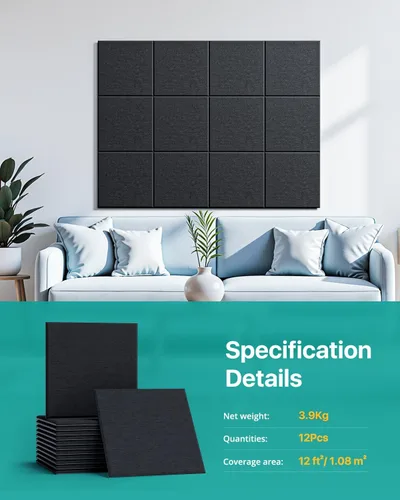 Miniatura 2 de Soundsbay Vinilo con carga masiva, paneles de pared insonorizados autoadhesivos, paquete de 12 unidades cuadradas de vinilo con carga masiva, Negro