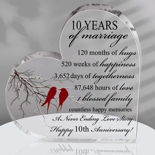 Qunclay Regalo de 10 años de matrimonio Recuerdo de aniversario de boda Corazón Recuerdo de matrimonio Decoración Regalo para pareja padres mujeres