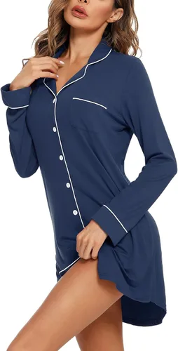 Miniatura 16 de Samring Camisón de pijama para mujer, manga corta/larga, con botones, camisón para dormir, camisón para novio, talla XXL