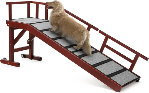 Miniatura 12 de Rampa para perros para cama o sofá, rampa de madera para mascotas con pendiente suave de 20°, rieles laterales extraíbles, superficie