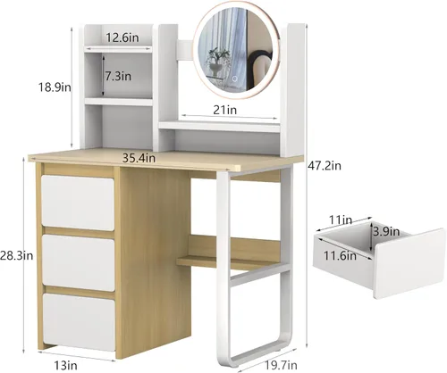 Miniatura 2 de Tocador de construcción resistente con tablero de 0.59 pulgadas de grosor, 3 en 1, multifuncional, con espejo ajustable y luces LED, mesa de noche