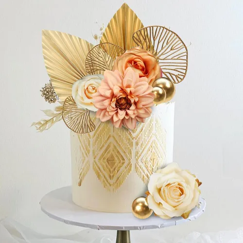Miniatura 3 de DRWATE Topper para Tartas, 11 Piezas de Flores Bohemias con Hojas Doradas, Decoraciones para Tartas para Bodas, Baby Shower, Suministros