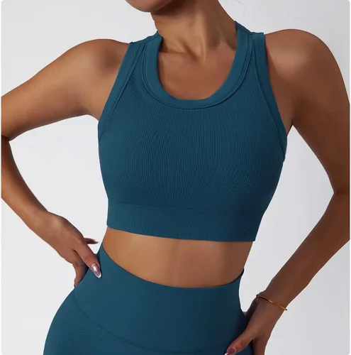 Miniatura 94 de Conjuntos de entrenamiento para mujer, 2 piezas, sin costuras, acanalada, sin mangas, brasier deportivo, cintura alta, pantalones cortos