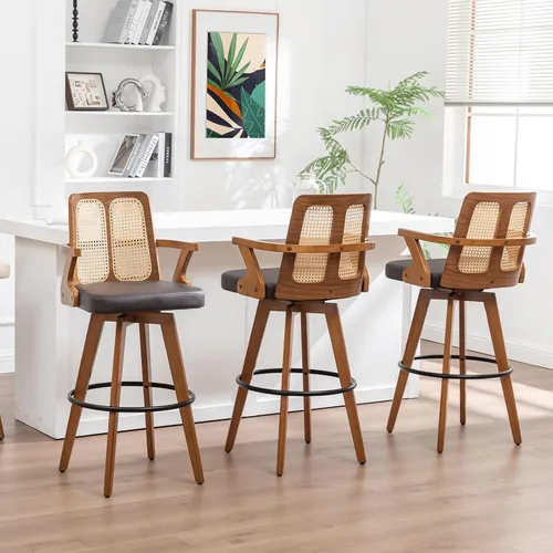 Miniatura 26 de Juego de 2 Taburetes de Mostrador - Taburetes Giratorios de 27 Pulgadas con Respaldo de Ratán, Brazos Curvos, Asiento Tapizado, Patas de Bambú Nogal