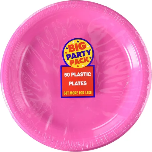 Platos redondos de plástico desechables de color rosa brillante, 10.25 pulgadas (paquete de 50), vajilla resistente para fiestas, eventos y uso