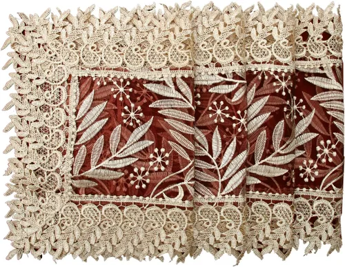 Camino de mesa de adorno vintage, con bordado y encaje, diseño floral, dorado y bermellón