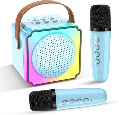 Miniatura 15 de Máquina de karaoke para niños y adultos, mini altavoz Bluetooth portátil con 2 micrófonos inalámbricos, luces LED para TV, regalos para niñas y Azul