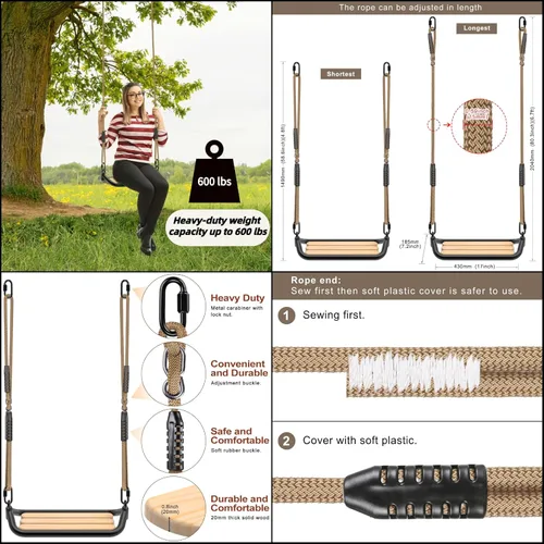 Miniatura 4 de SELEWARE Asiento de Columpio de Madera Colgante para Árbol para Niños, 100% Poliéster Cuerda Resistente a la Intemperie Estructura de Tubería