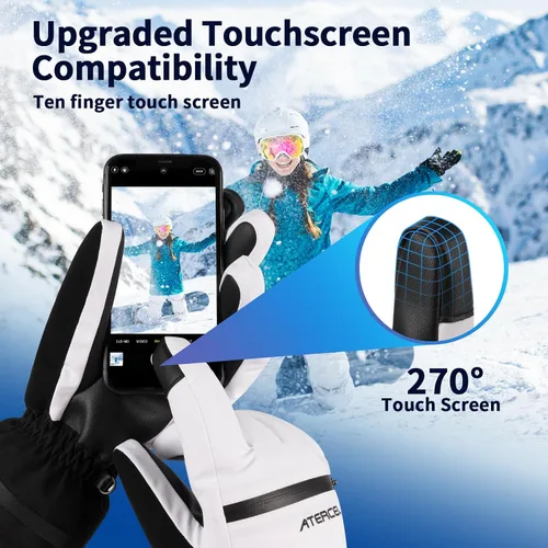 Miniatura 4 de ATERCEL Guantes de esquí impermeables, guantes Thinsulate cálidos 3M, pantalla táctil, ideales para hombres y mujeres en esquí, snowboard, motos