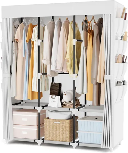 Miniatura 12 de Armario portátil para colgar ropa, armario portátil con tapa, 4 estantes de almacenamiento, 2 varillas para colgar y 8 bolsillos laterales, fácil